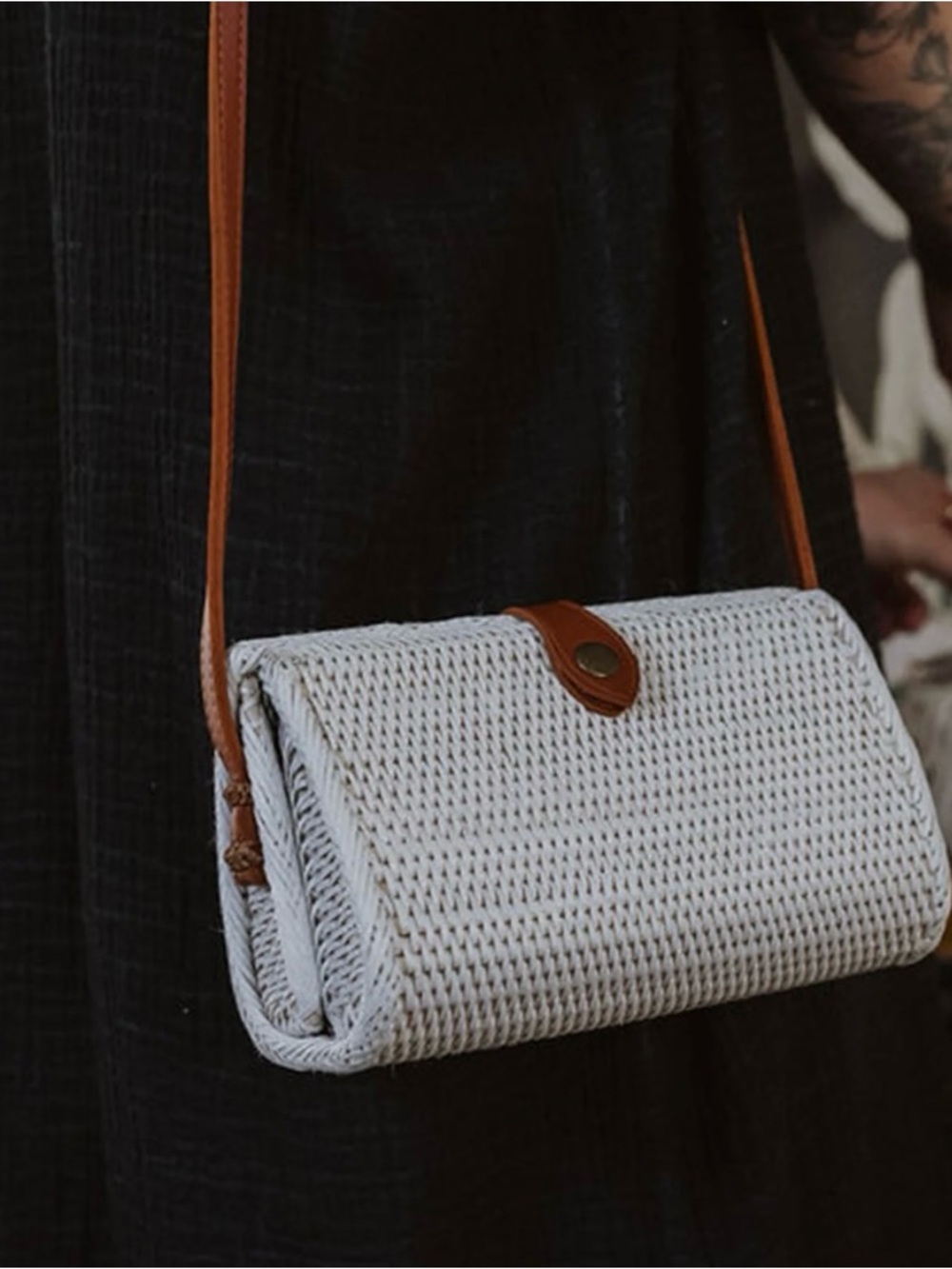 Anthropologie Cream Woven Straw Crossbody with Tan Leather Snap